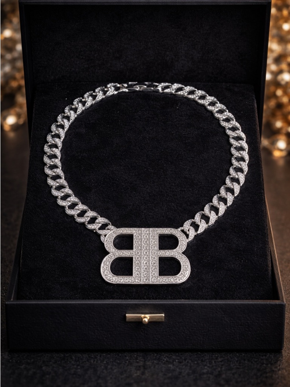 Fashion Jewelry Silver Pave Double-B Cuban Link Necklace